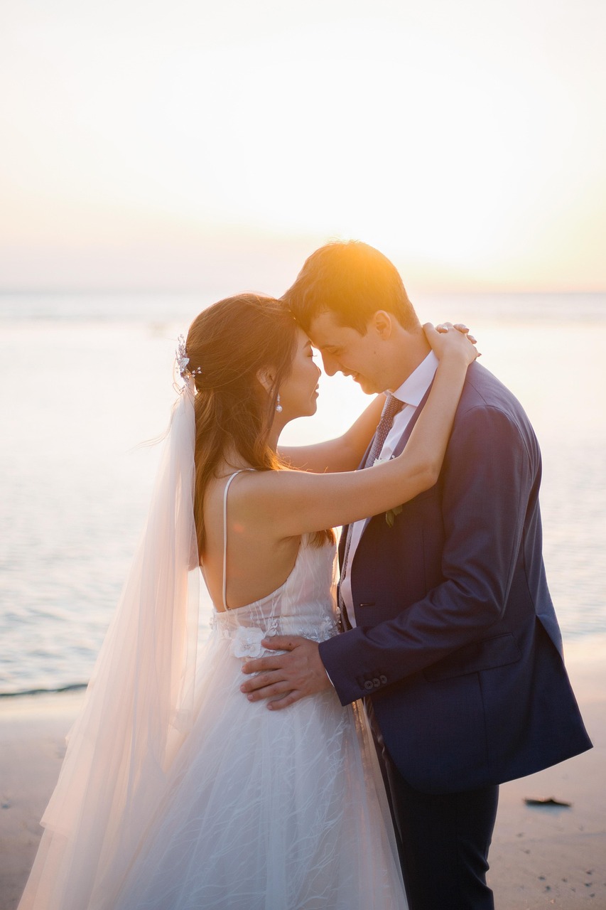 sunset, couple, wedding, bride, groom, married couple, husband, wife, man, woman, nature, romance, romantic, relationship, beach